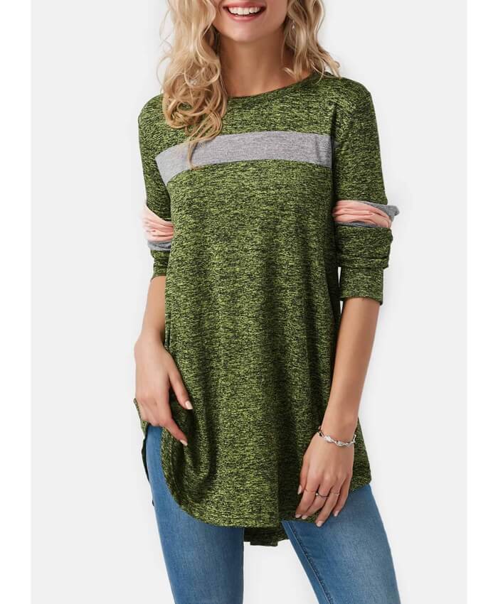 Curved Hem Round Neck Patchwork T Shirt